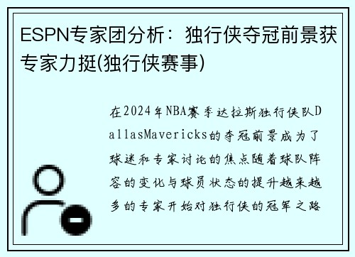 ESPN专家团分析：独行侠夺冠前景获专家力挺(独行侠赛事)